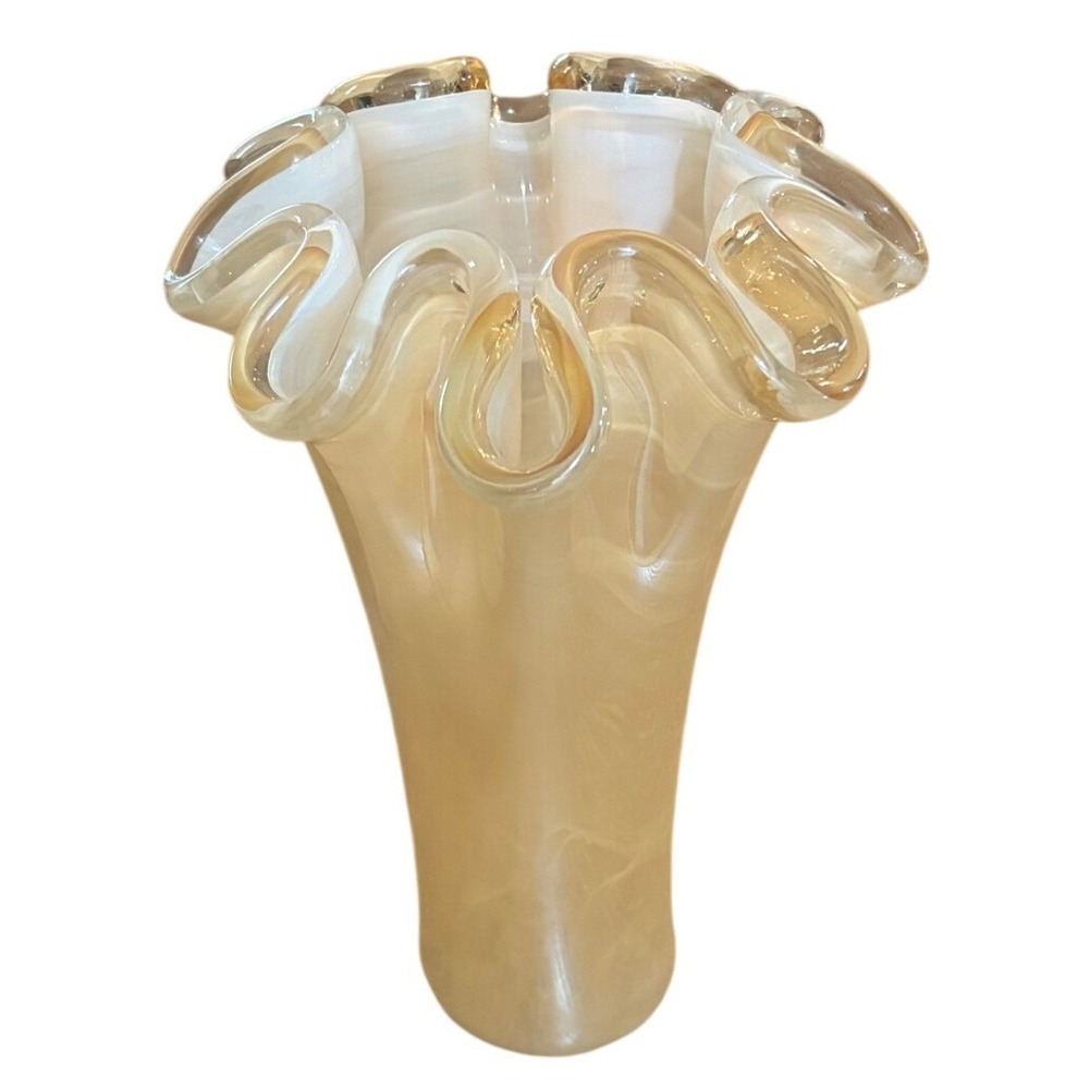 Murano Art Glass Gold Luster Handkerchief Splash Stretch Vase Amber Edge 10.5in